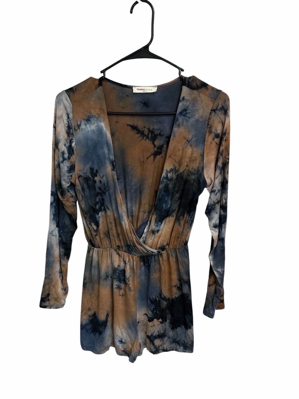 Tie-Dye V-Neck Long Sleeve Romper in Brown & Black